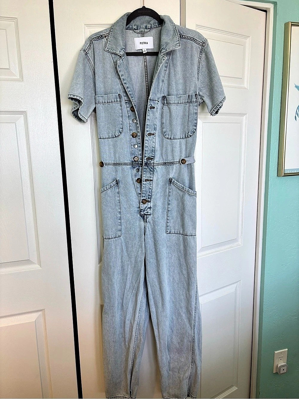 Pistola Grover Short-Sleeve Denim Jumpsuit Medium Blue